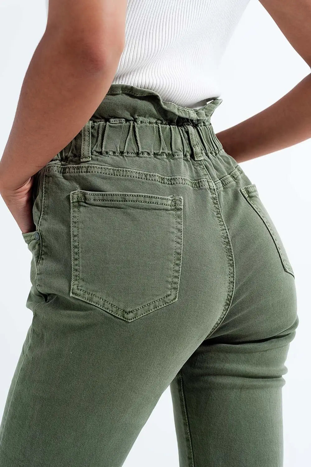 Jean mom à élastique taille haute froncée kaki - Pantalons