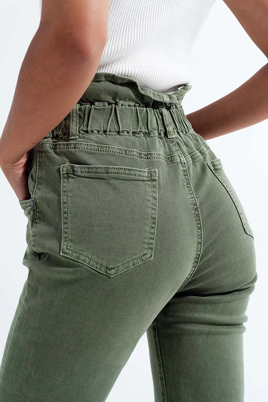 Jean mom à élastique taille haute froncée kaki - Pantalons