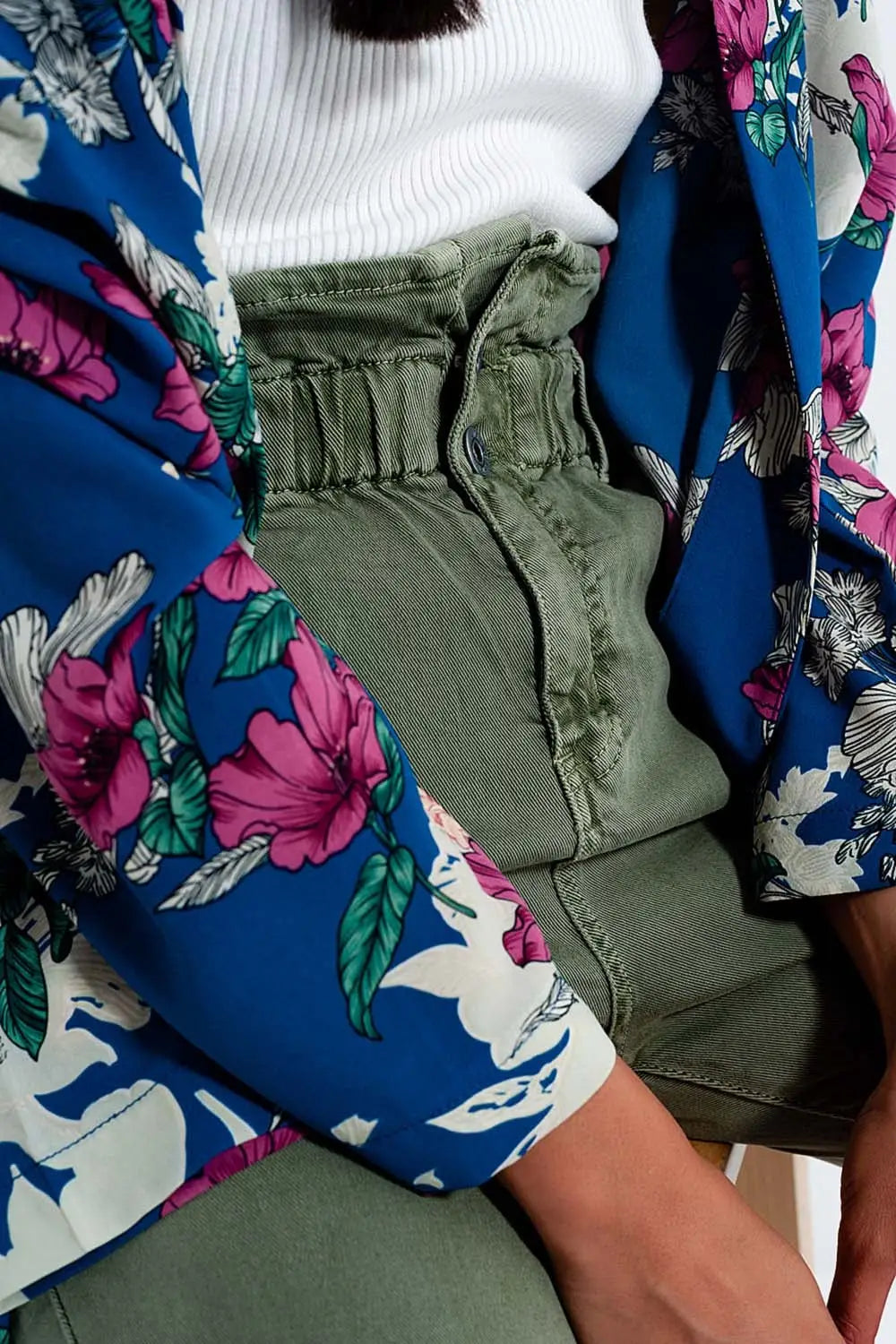 Jean mom à élastique taille haute froncée kaki - Pantalons