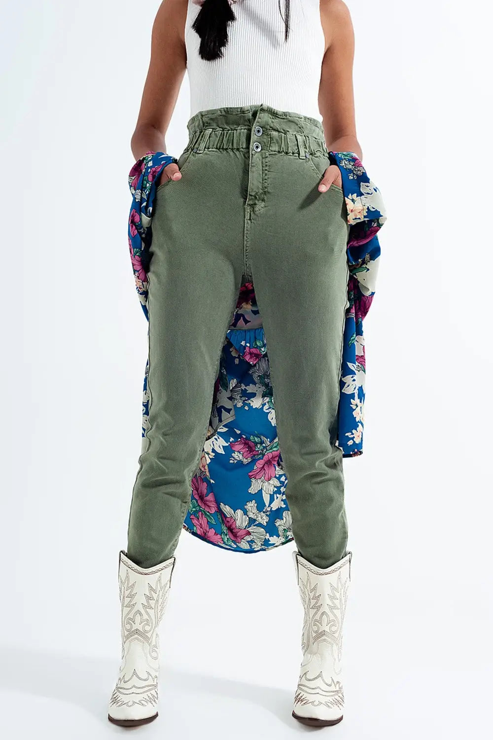 Jean mom à élastique taille haute froncée kaki - Pantalons