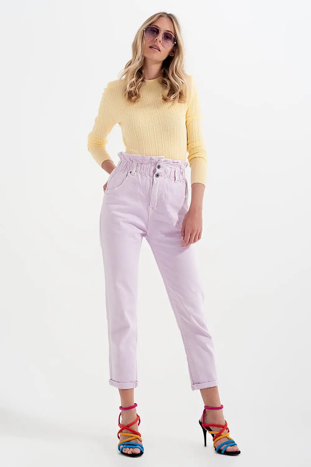 Jean mom à élastique taille haute froncée lilas - Pantalons