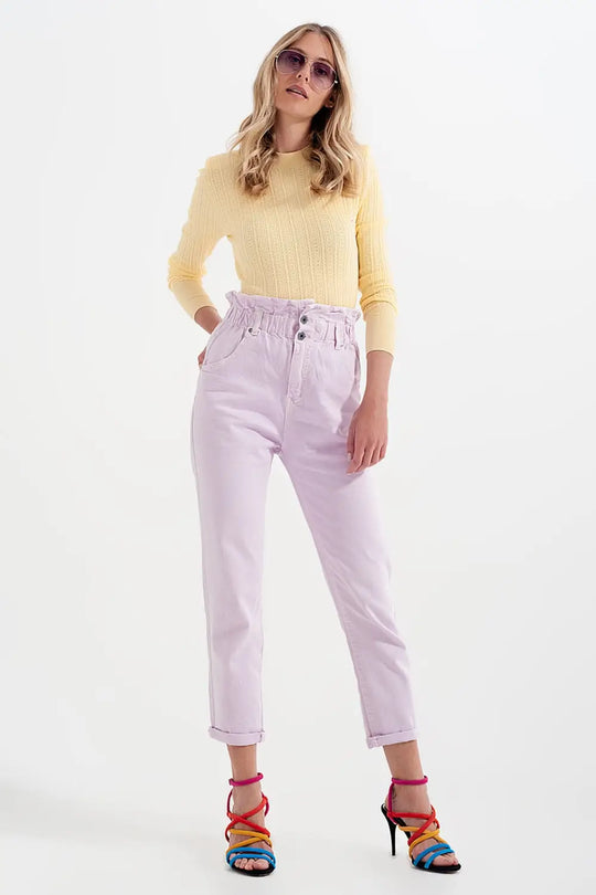 Jean mom à élastique taille haute froncée lilas - Pantalons