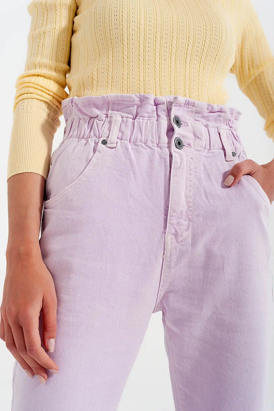 Jean mom à élastique taille haute froncée lilas - Pantalons