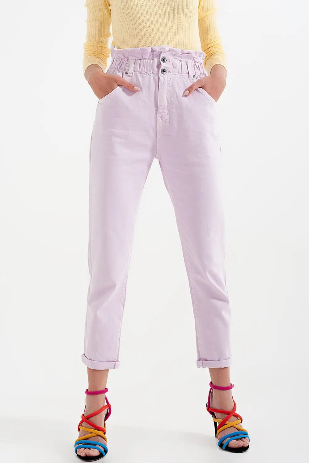 Jean mom à élastique taille haute froncée lilas - Pantalons