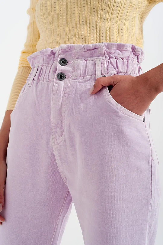 Jean mom à élastique taille haute froncée lilas - Pantalons