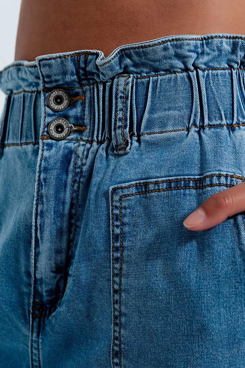 Jean mom à taille haute froncée Bleu moyen - Pantalons