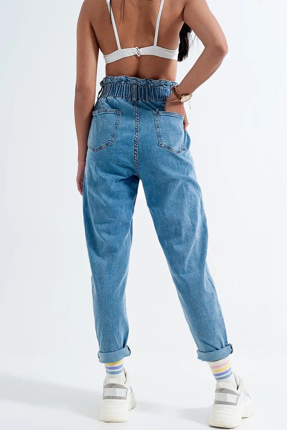 Jean mom à taille haute froncée Bleu moyen - Pantalons