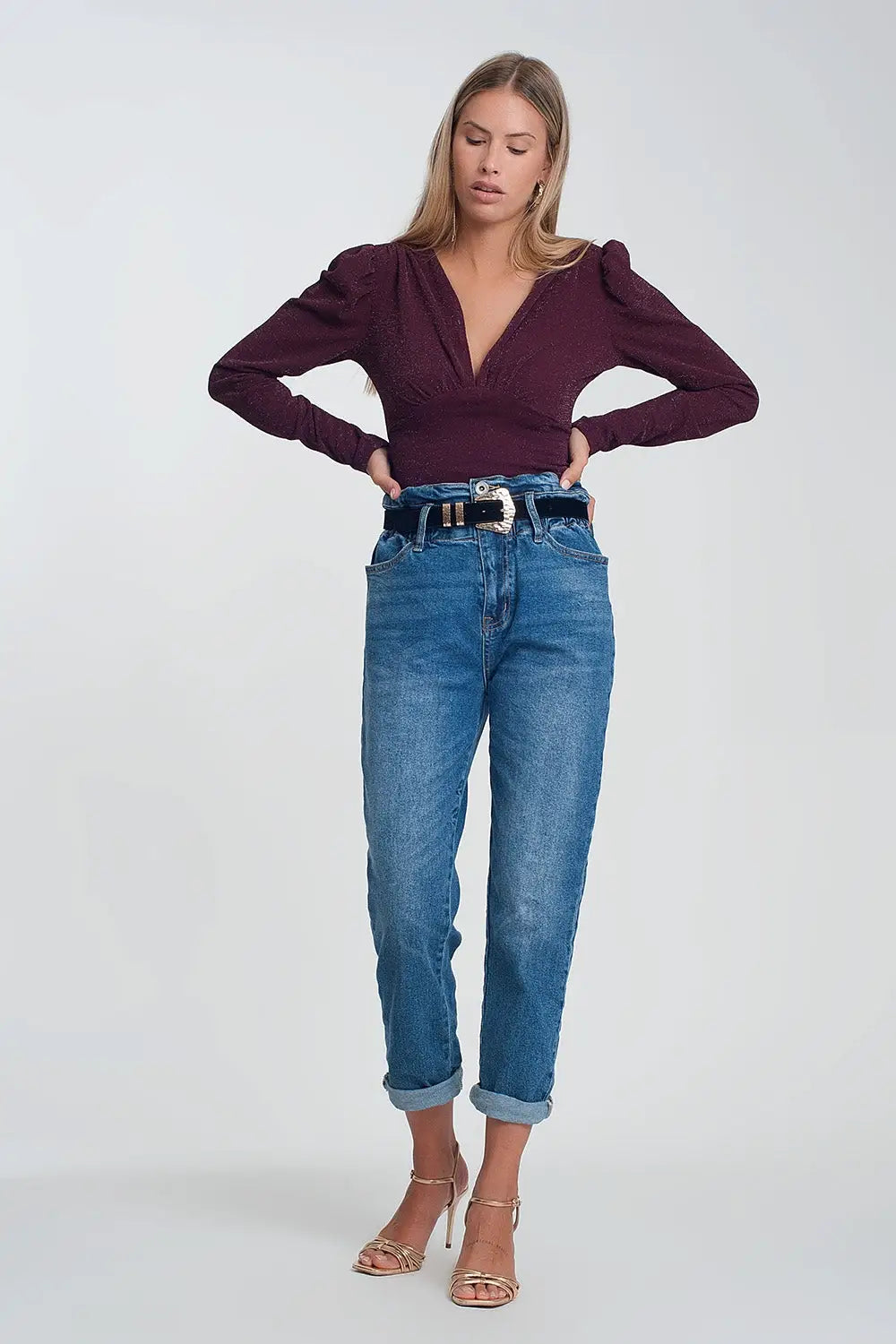 Jean mom à taille haute froncée en bleu délavé foncé - Pantalons