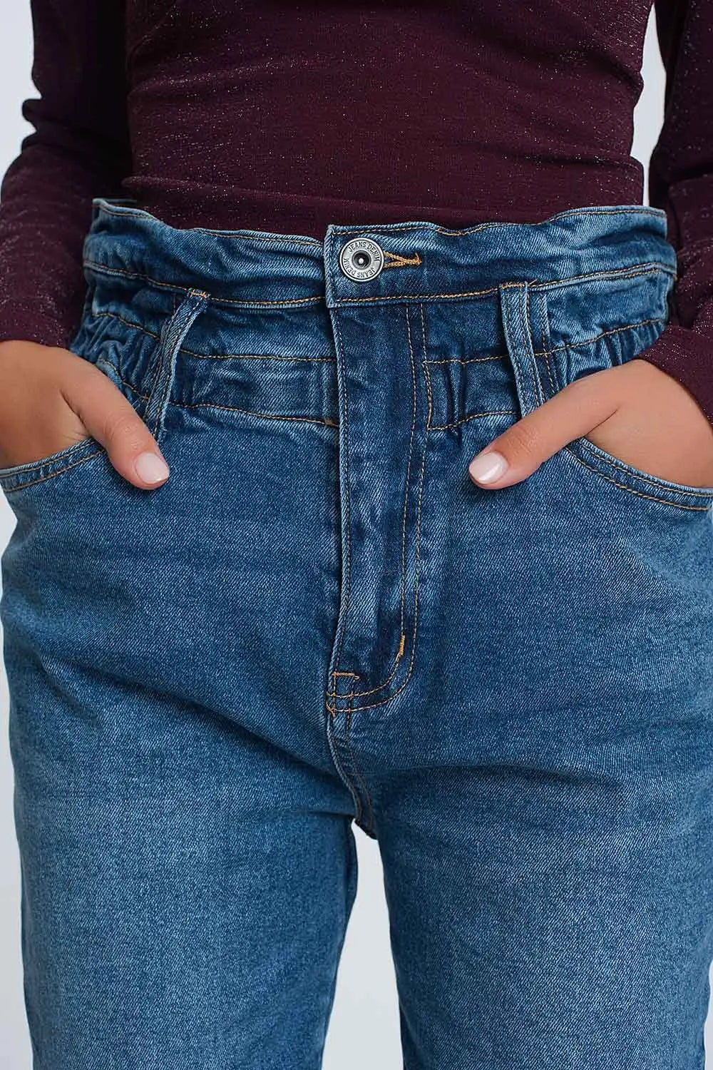 Jean mom à taille haute froncée en bleu délavé foncé - Pantalons
