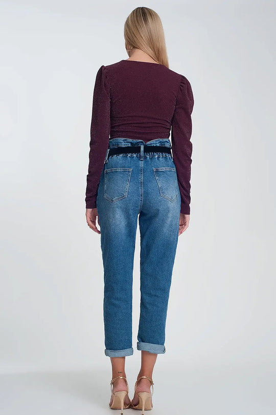 Jean mom à taille haute froncée en bleu délavé foncé - Pantalons