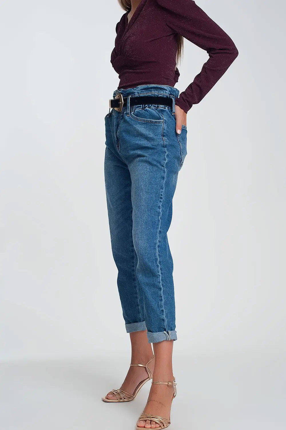 Jean mom à taille haute froncée en bleu délavé foncé - Pantalons