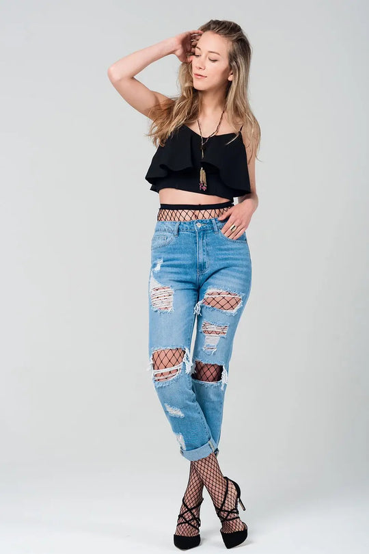 Jean mom avec détail résille - Pantalons