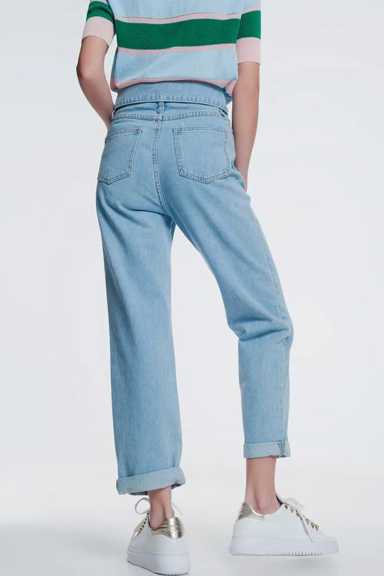 Jean mom avec pli sur l’avant bleu délavé moyen avec taille pliée - Pantalons