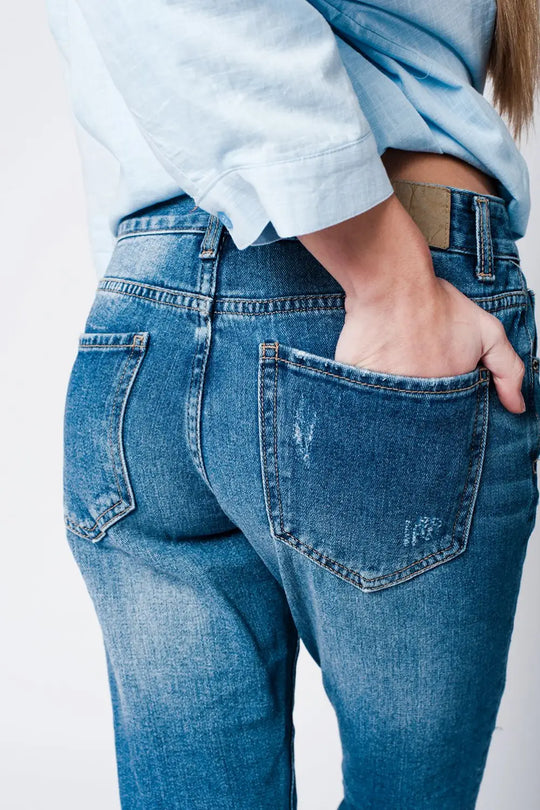 jean mom bleu et broderies oiseau - Pantalons