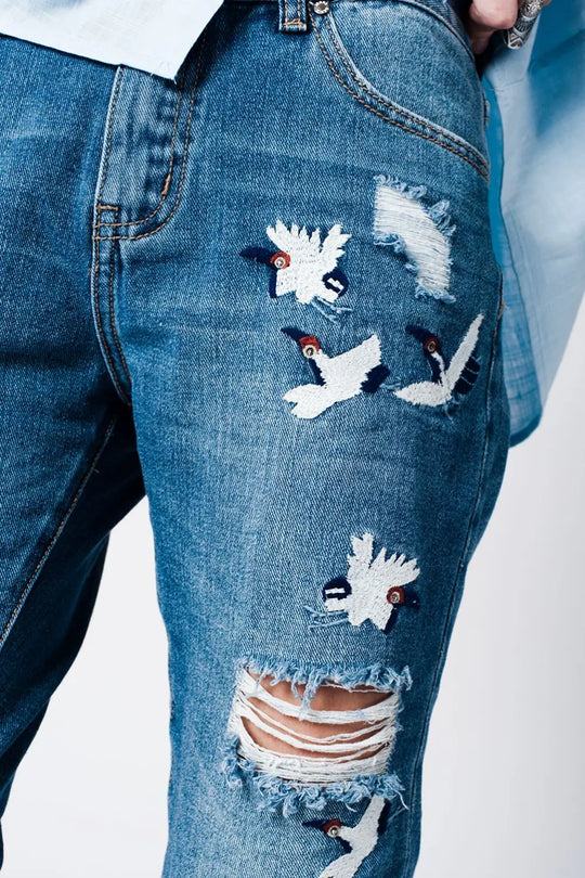 jean mom bleu et broderies oiseau - Pantalons