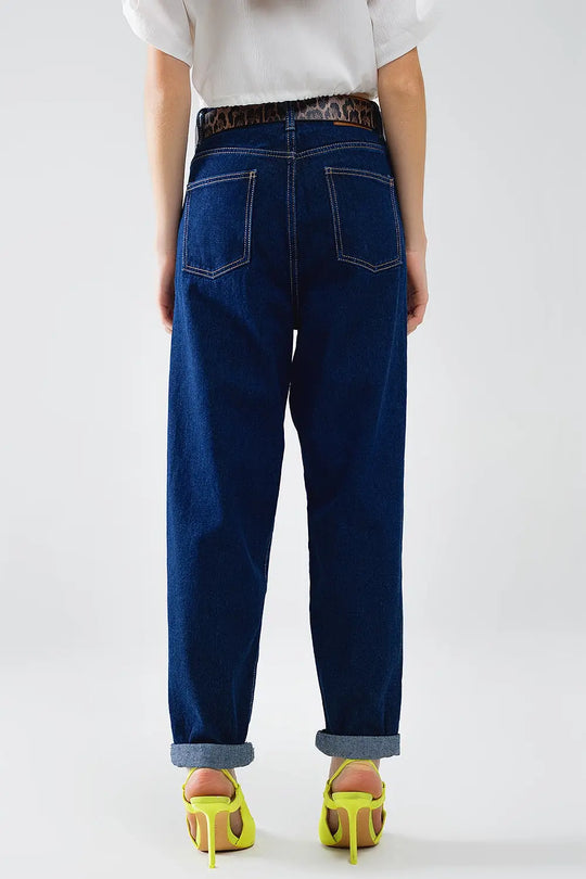 Jean Mom Bleu Raw Avec Détail Plissé - Pantalons