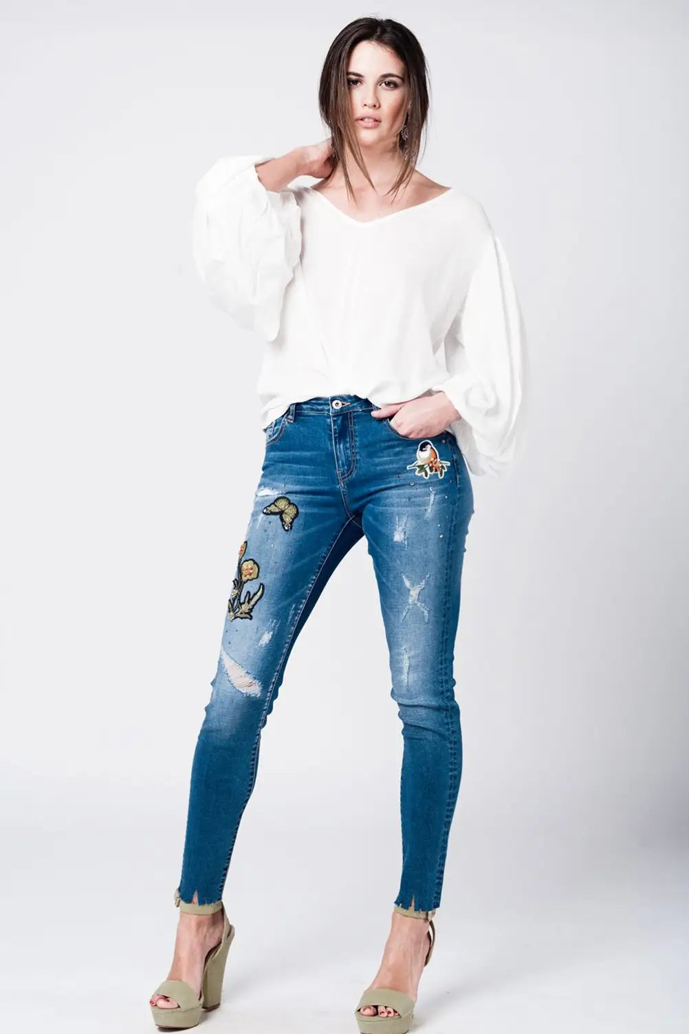 Jean mom délavé avec broderies - Pantalons
