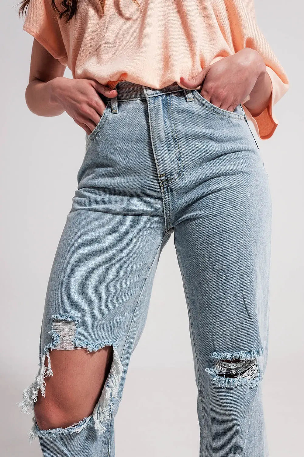 Jean mom taille haute à déchirures Délavage clair - Pantalons