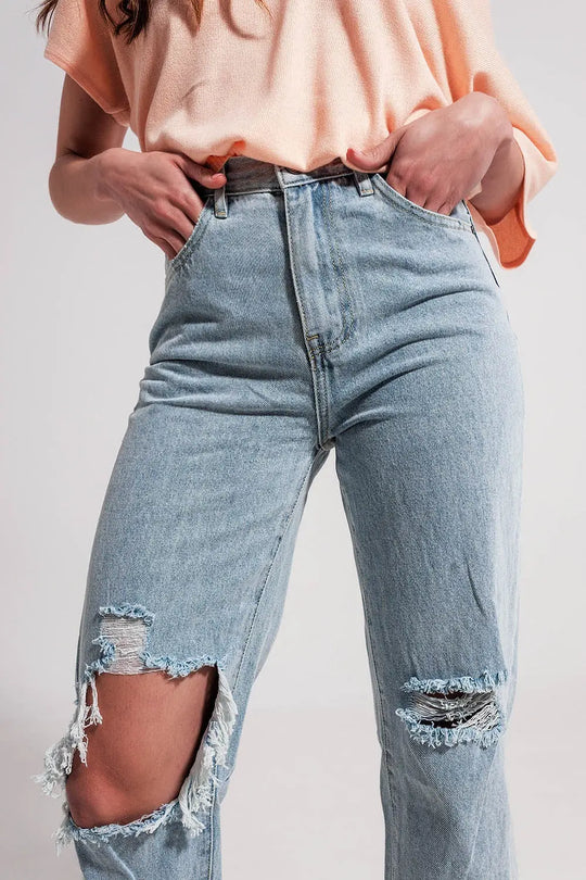 Jean mom taille haute à déchirures Délavage clair - Pantalons
