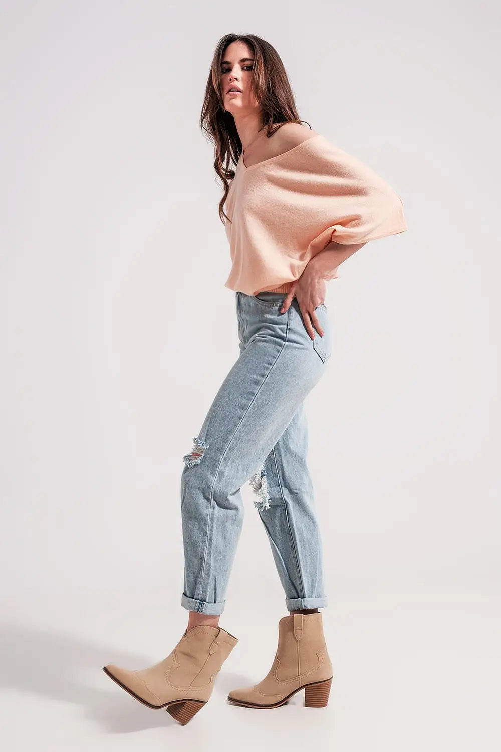 Jean mom taille haute à déchirures Délavage clair - Pantalons