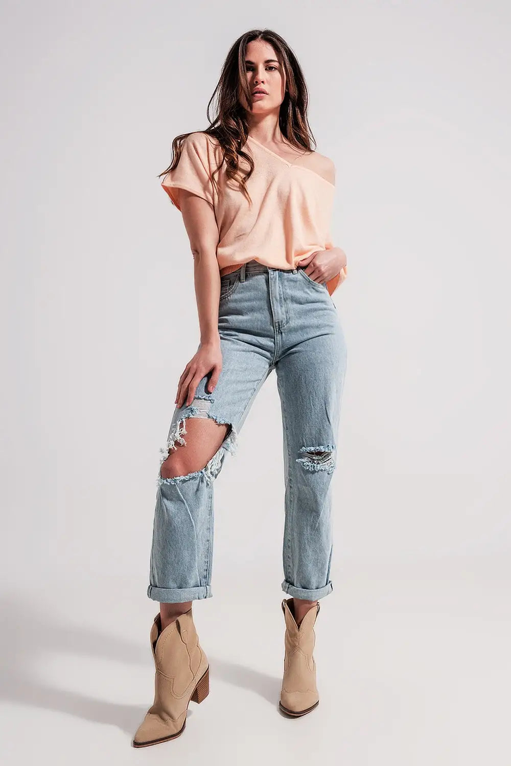 Jean mom taille haute à déchirures Délavage clair - Pantalons