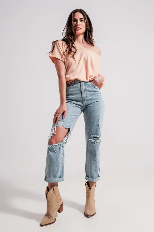 Jean mom taille haute à déchirures Délavage clair - Pantalons