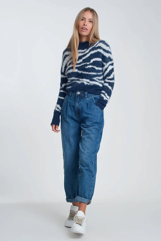 Jean mom taille haute avec deux volants à la taille en bleu délavé foncé - Pantalons