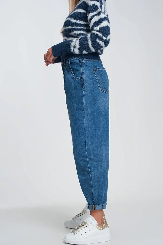 Jean mom taille haute avec deux volants à la taille en bleu délavé foncé - Pantalons