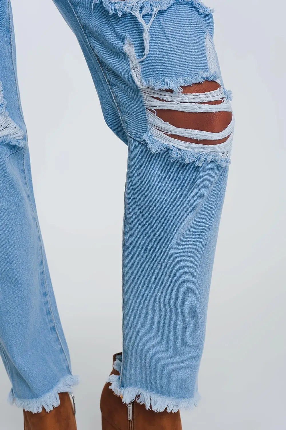 Jean mom taille haute avec genoux déchirés - Bleu Clair - Pantalons