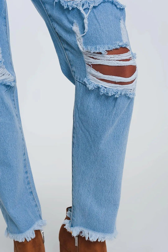 Jean mom taille haute avec genoux déchirés - Bleu Clair - Pantalons