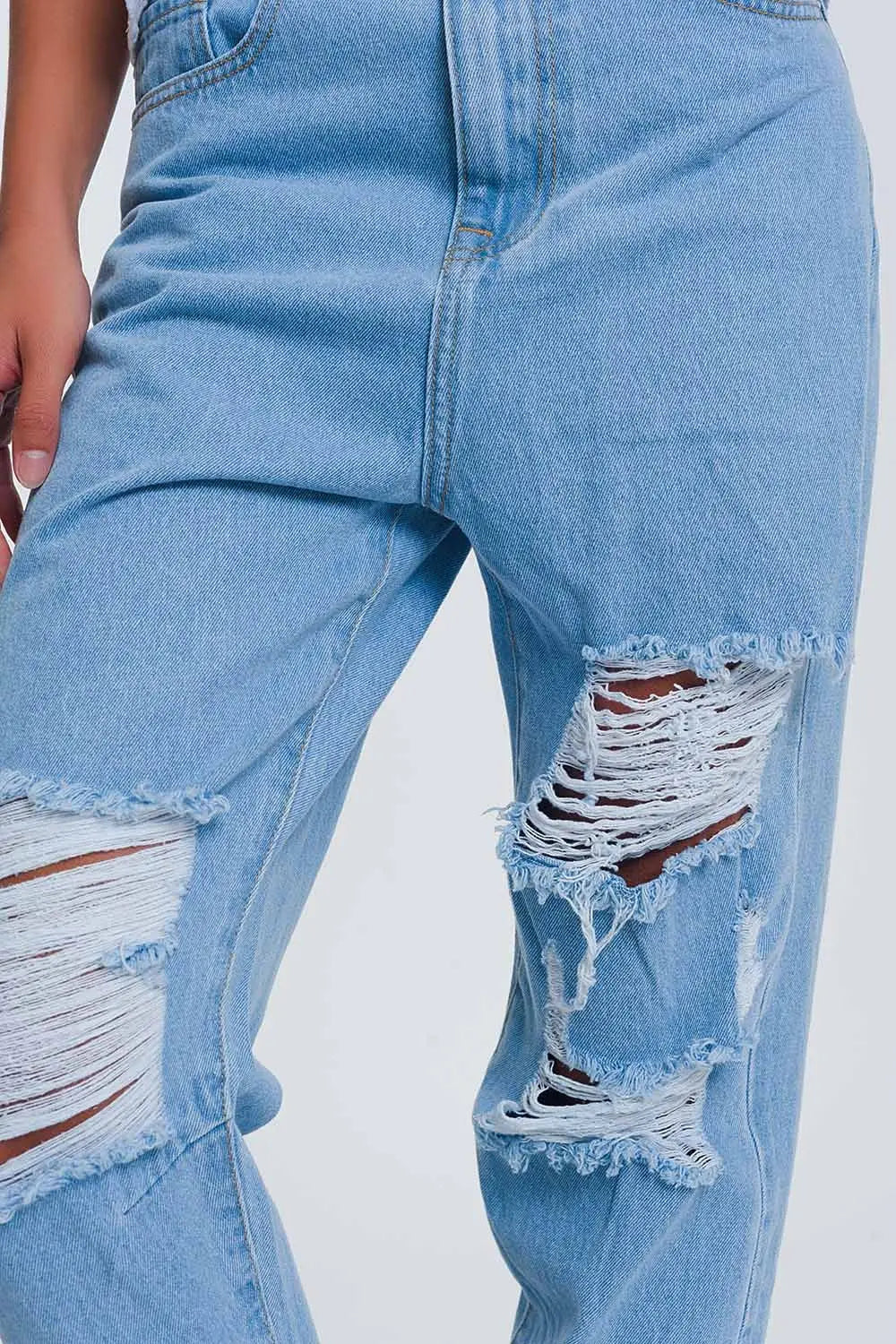 Jean mom taille haute avec genoux déchirés - Bleu Clair - Pantalons