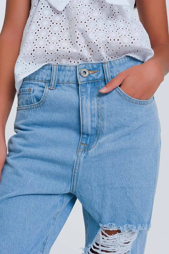 Jean mom taille haute avec genoux déchirés - Bleu Clair - Pantalons