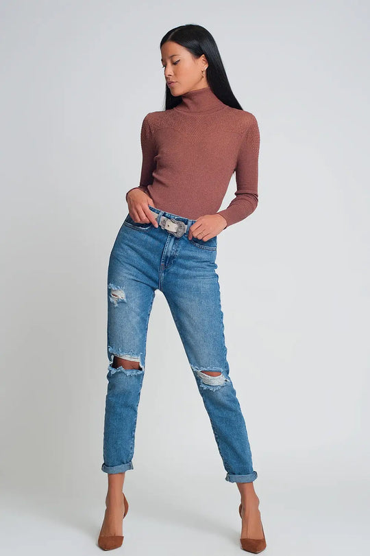 Jean mom taille haute avec genoux déchirés en bleu délavé foncé - Pantalons