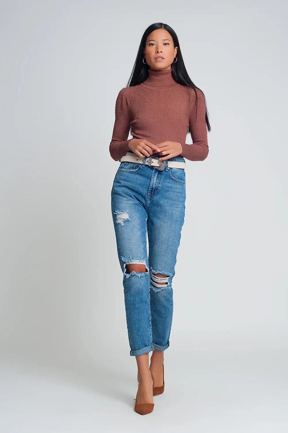 Jean mom taille haute avec genoux déchirés en bleu délavé foncé - Pantalons