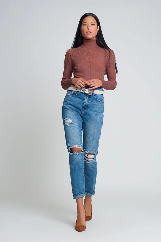 Jean mom taille haute avec genoux déchirés en bleu délavé foncé - Pantalons