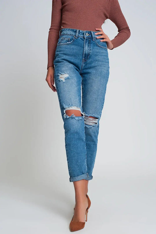 Jean mom taille haute avec genoux déchirés en bleu délavé foncé - Pantalons
