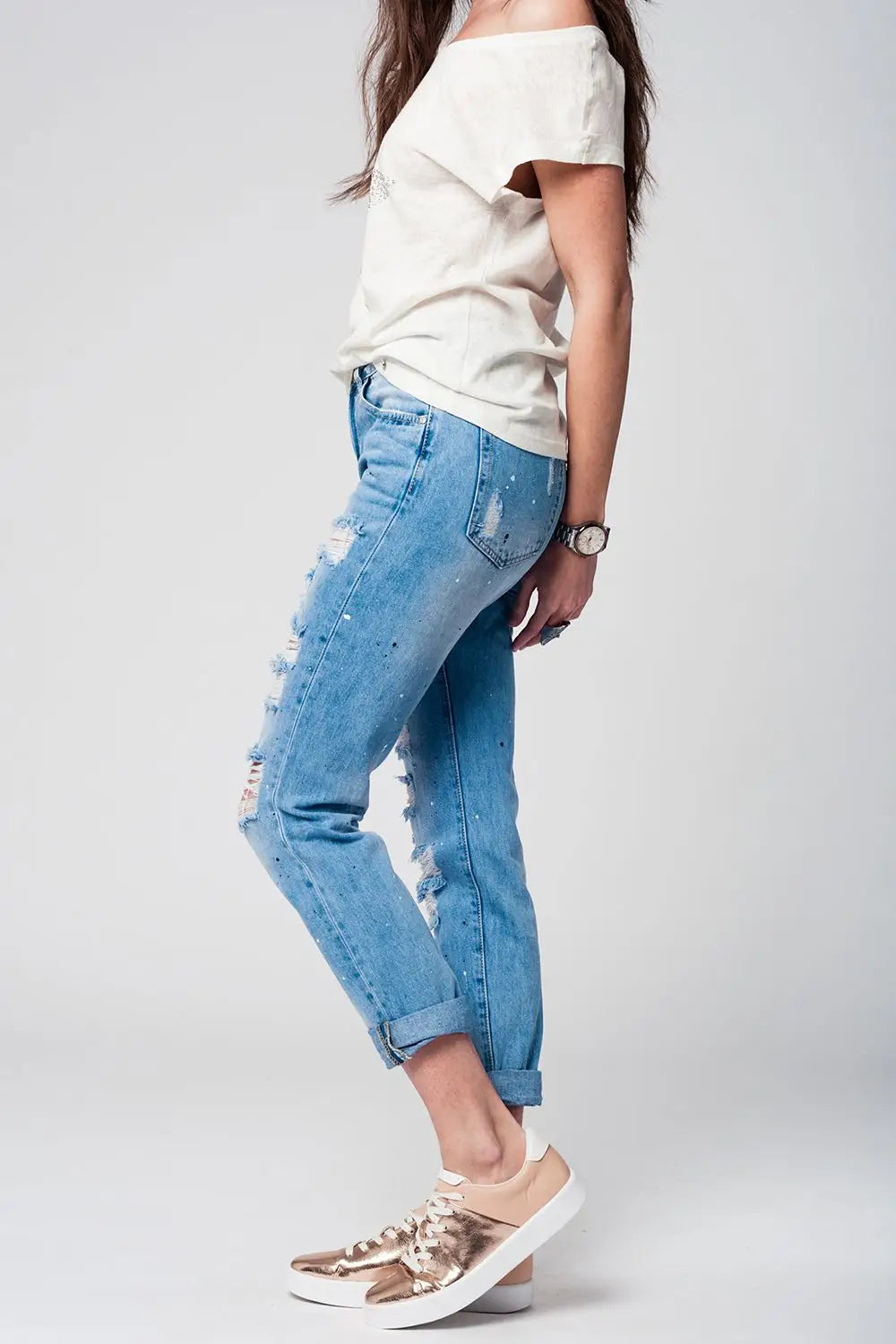Jean mom usé et peinture splash - Pantalons