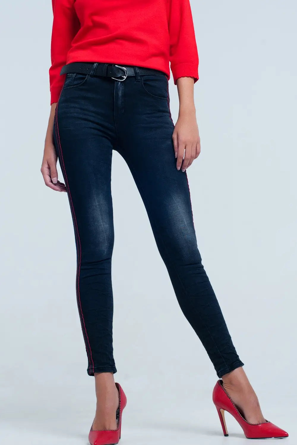 Jean noir skinny avec bandes sur les côtés - Pantalons
