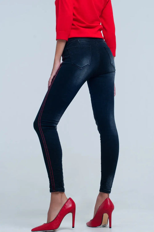 Jean noir skinny avec bandes sur les côtés - Pantalons