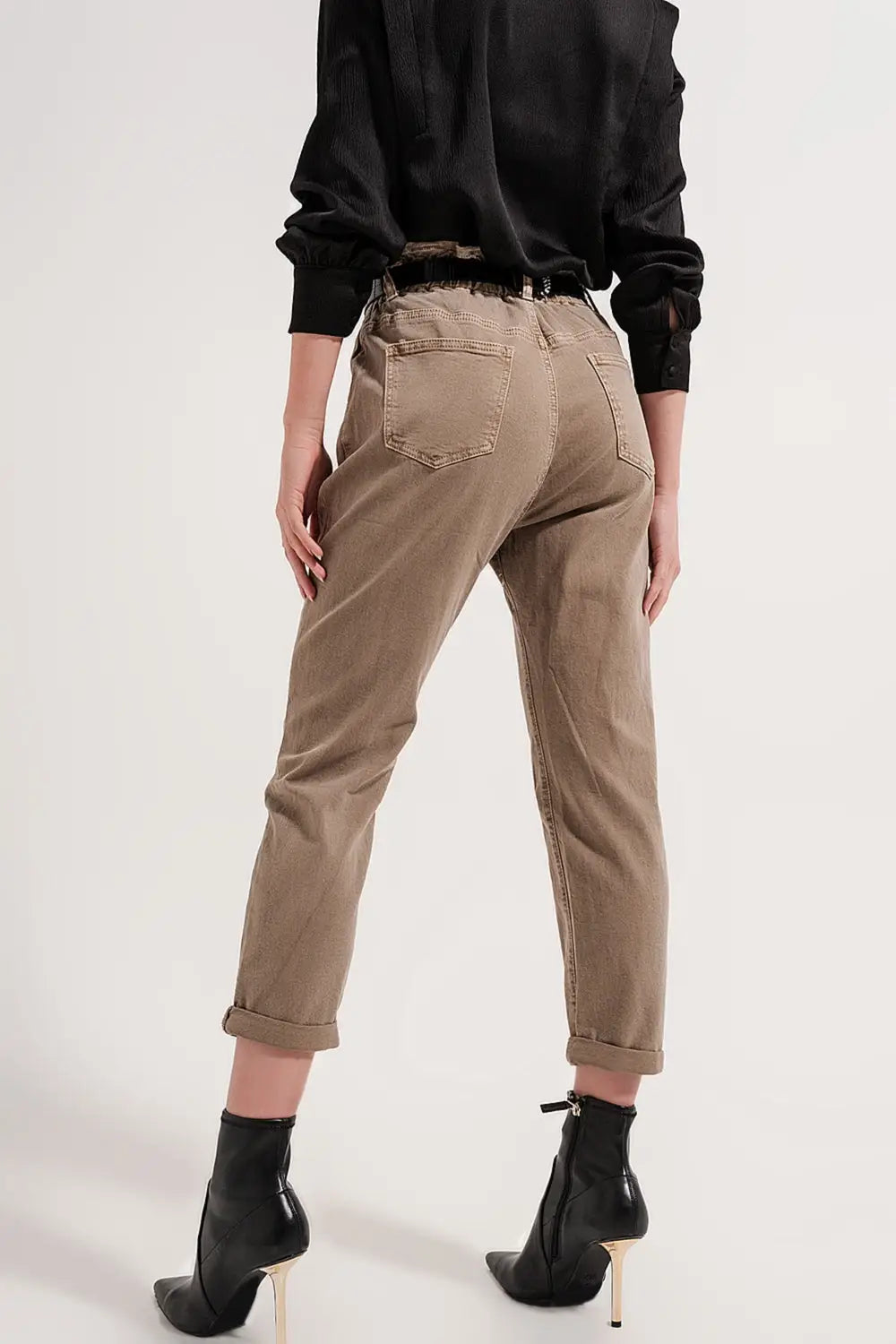 Jean paperbag élastique taille haute froncée beige - Pantalons