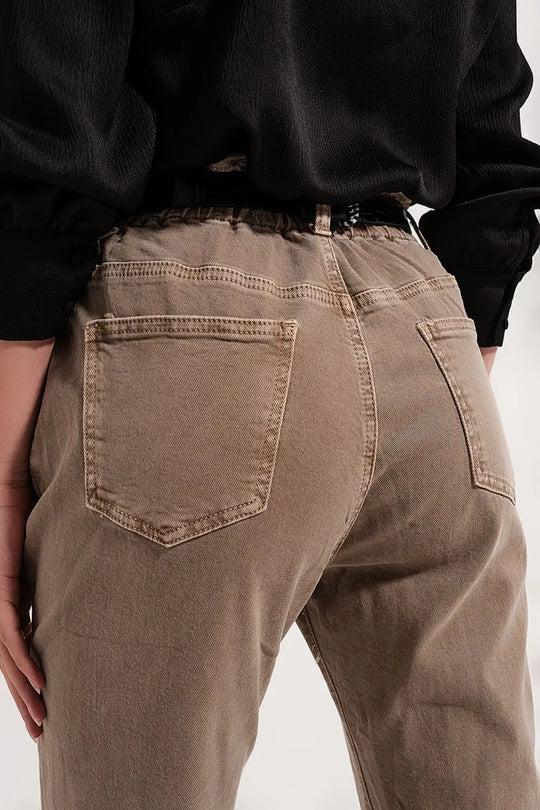 Jean paperbag élastique taille haute froncée beige - Pantalons