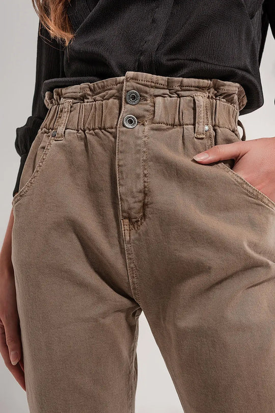 Jean paperbag élastique taille haute froncée beige - Pantalons