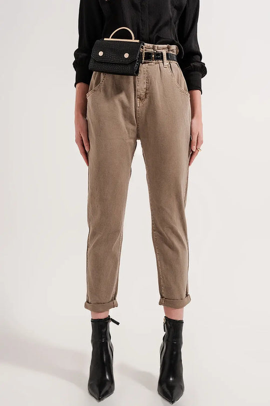 Jean paperbag élastique taille haute froncée beige - Pantalons