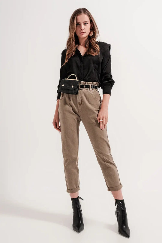 Jean paperbag élastique taille haute froncée beige - Pantalons