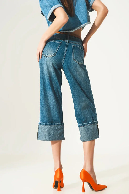Jean relaxé à ourlet roulé et boutons apparents en bleu - Pantalons