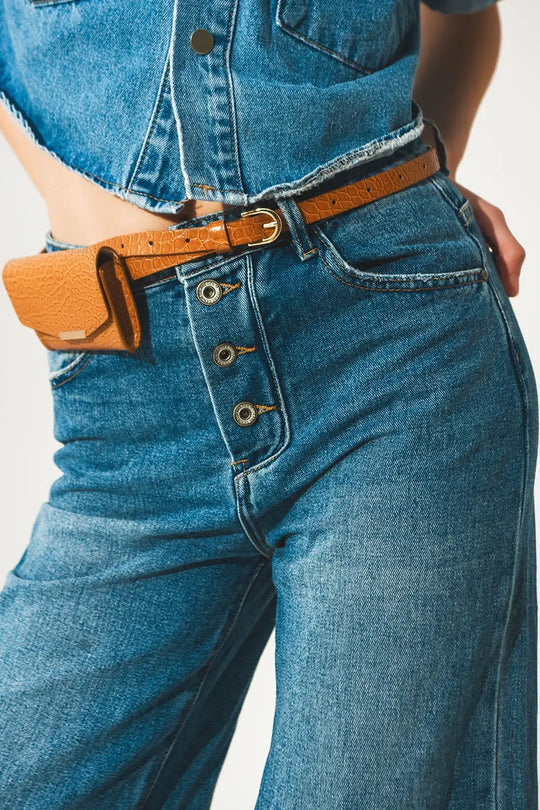 Jean relaxé à ourlet roulé et boutons apparents en bleu - Pantalons