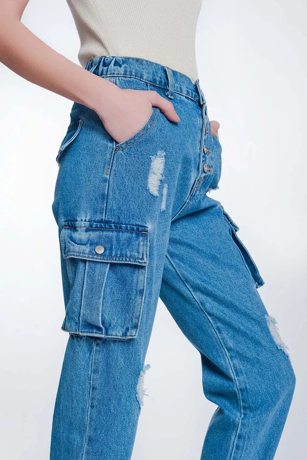 Jean rigide classique avec poche cargo bleu délavé clair - Pantalons