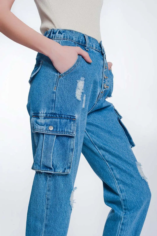 Jean rigide classique avec poche cargo bleu délavé clair - Pantalons