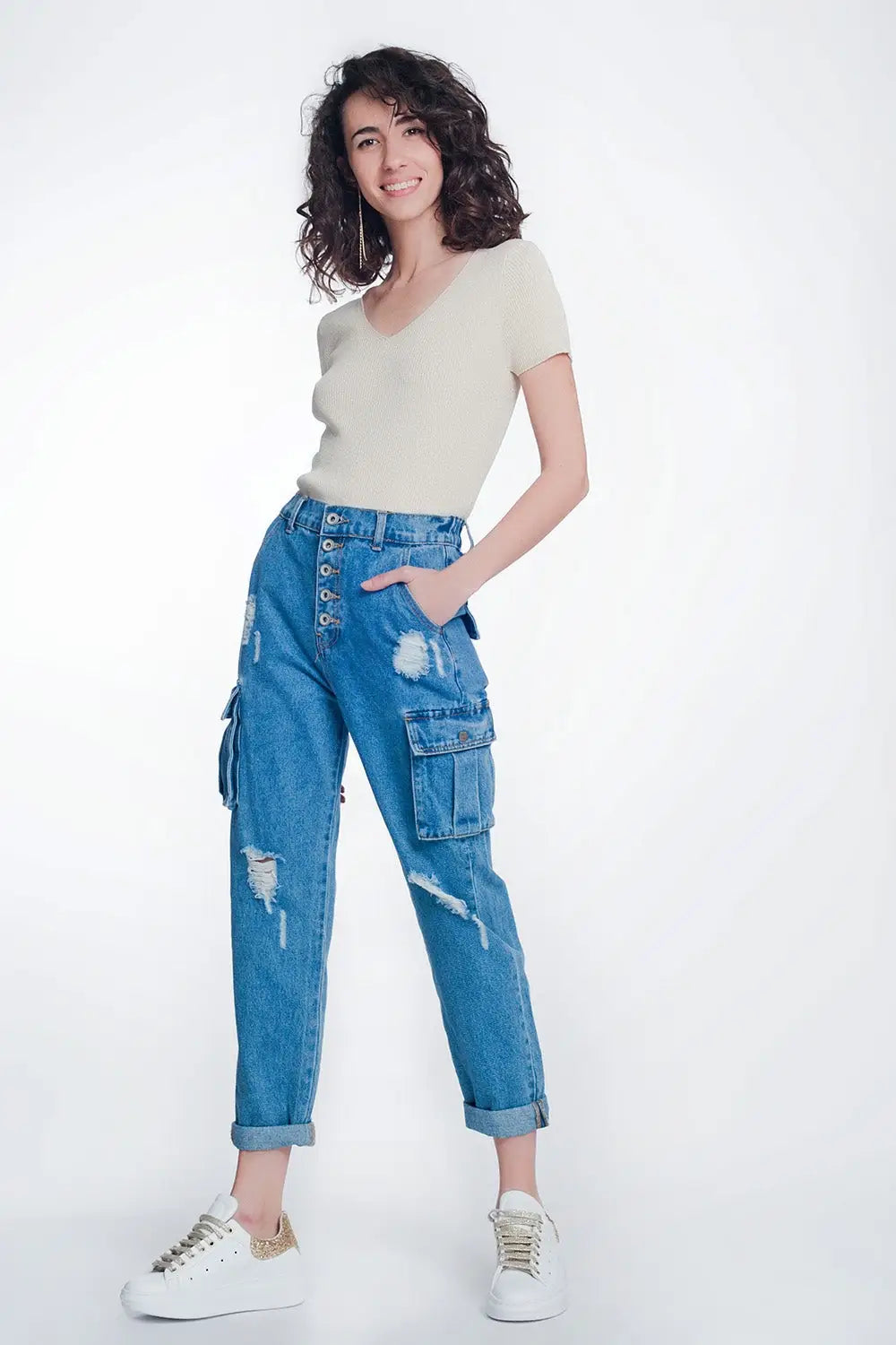 Jean rigide classique avec poche cargo bleu délavé clair - Pantalons