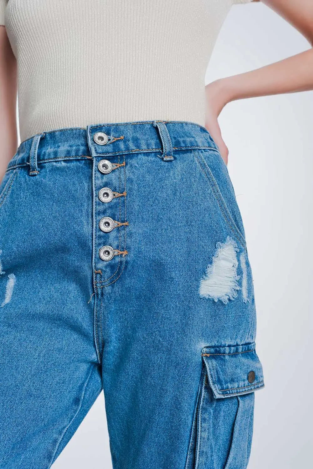 Jean rigide classique avec poche cargo bleu délavé clair - Pantalons